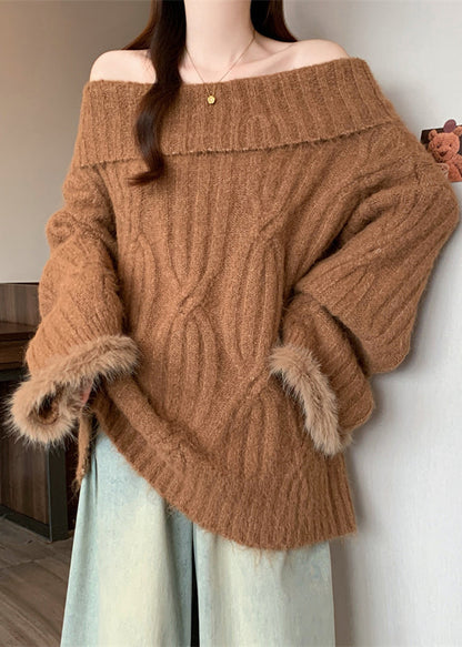 Bohemian Brown Cold Shoulder Patchwork Faux Fur Knitted Tops Winter