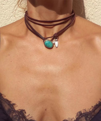 Bohemian Brown Leather Turquoise Pearl Necklace
