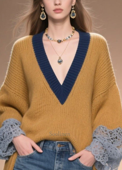Bohemian Brown Low High Design Patchwork Lace Sweater Winter