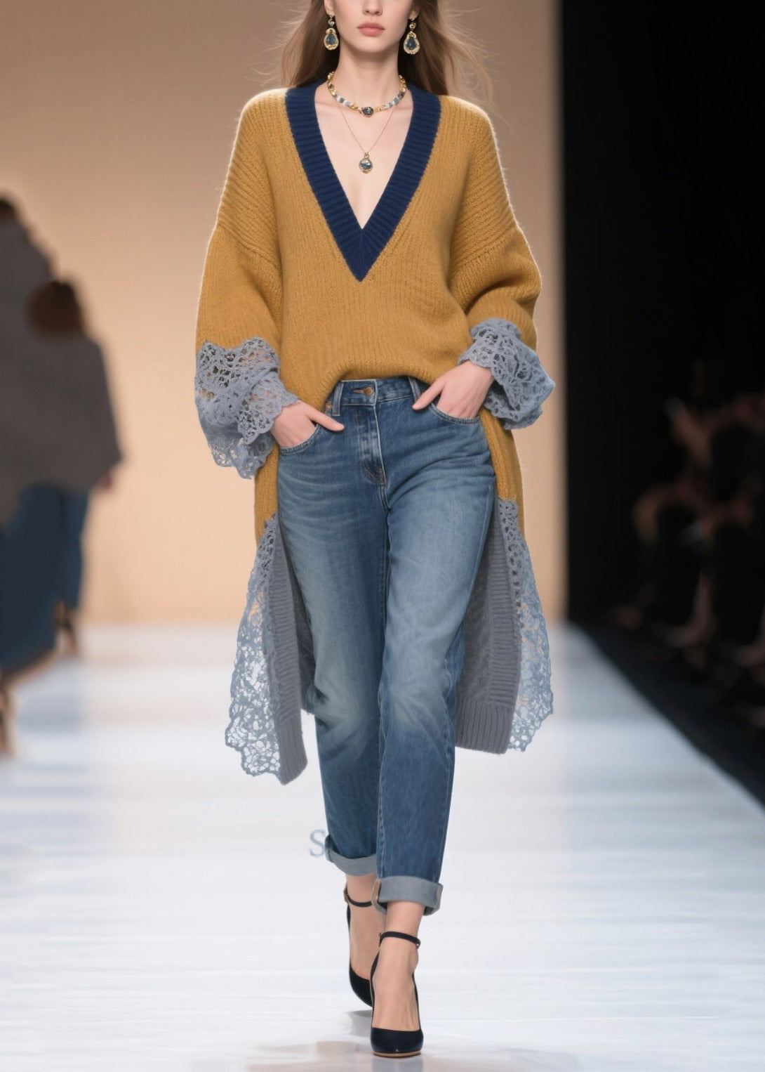 Bohemian Brown Low High Design Patchwork Lace Sweater Winter