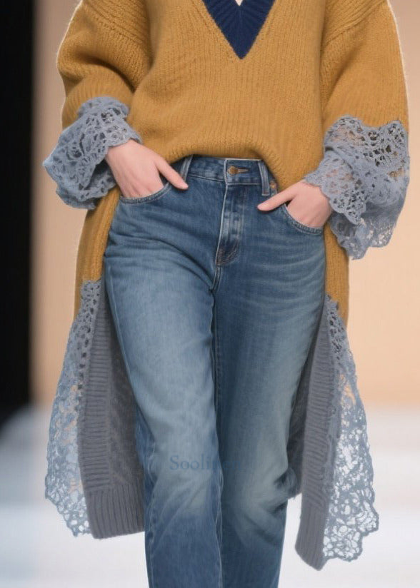Bohemian Brown Low High Design Patchwork Lace Sweater Winter
