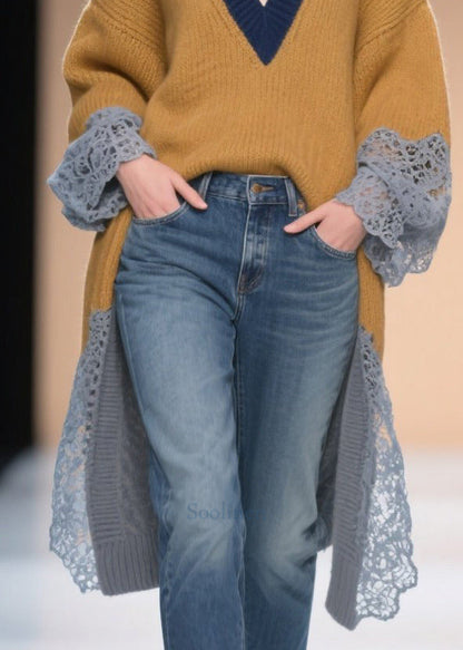 Bohemian Brown Low High Design Patchwork Lace Sweater Winter
