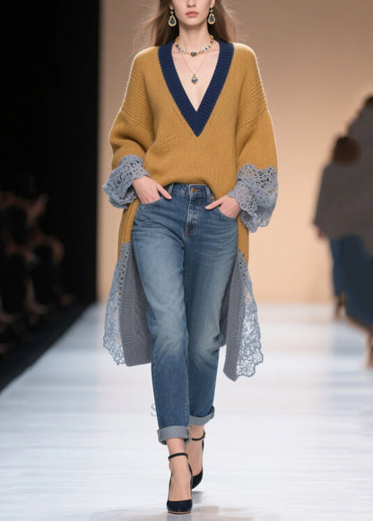 Bohemian Brown Low High Design Patchwork Lace Sweater Winter