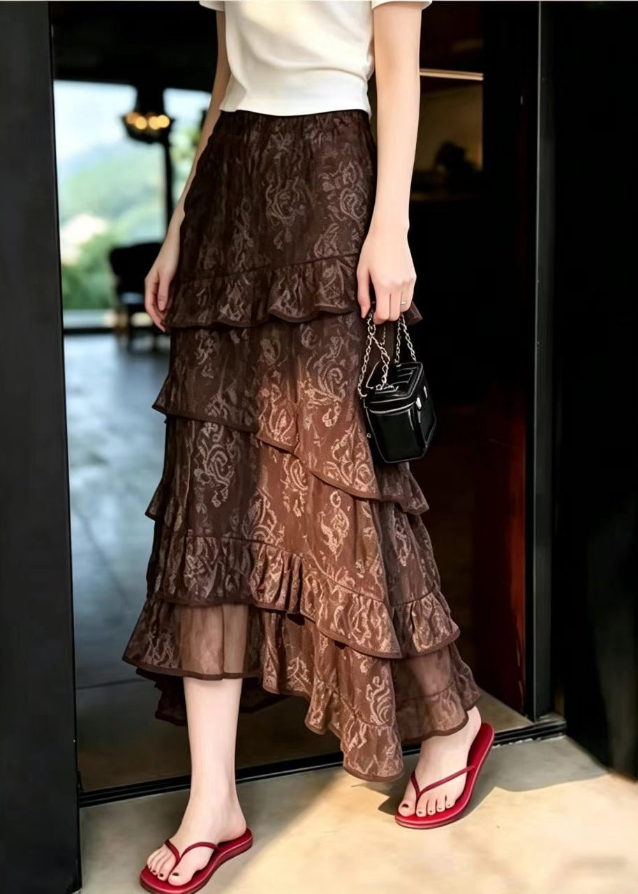 Bohemian Brown Ruffled Asymmetrical Elastic Waist Skirts Summer