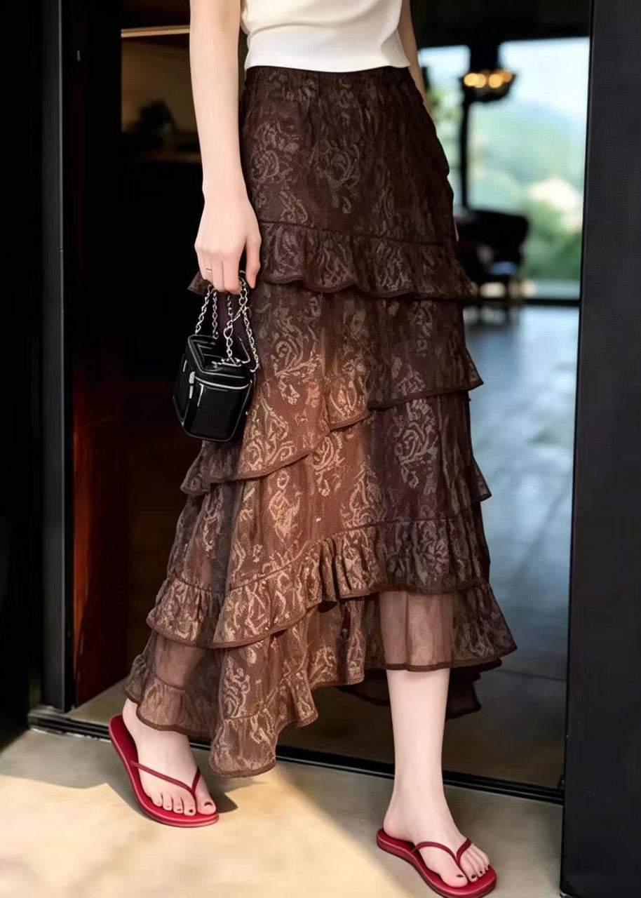 Bohemian Brown Ruffled Asymmetrical Elastic Waist Skirts Summer
