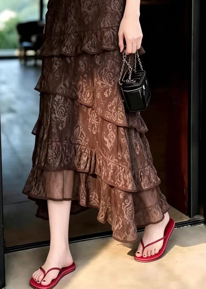 Bohemian Brown Ruffled Asymmetrical Elastic Waist Skirts Summer