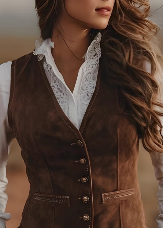 Bohemian Brown V Neck Button Patchwork Vest Sleeveless