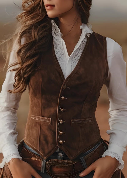 Bohemian Brown V Neck Button Patchwork Vest Sleeveless