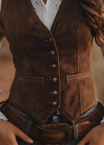 Bohemian Brown V Neck Button Patchwork Vest Sleeveless