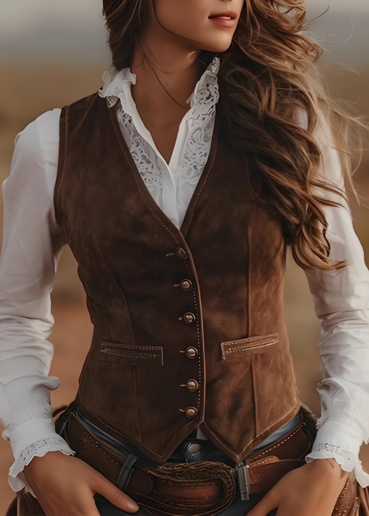 Bohemian Brown V Neck Button Patchwork Vest Sleeveless