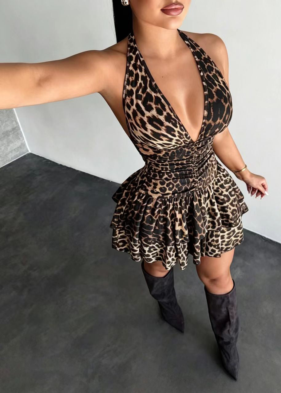 Bohemian Camel Leopard V Neck Print Cotton Mini Dress Summer