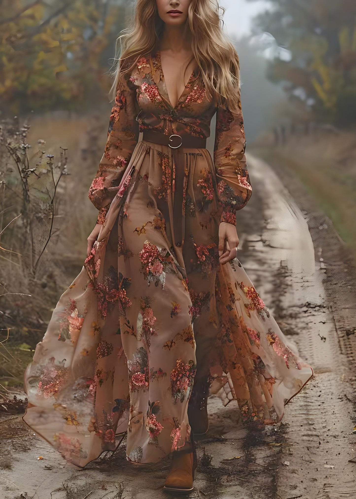 Bohemian Caramel V Neck Print Exra Large Hem Chiffon Dress Spring