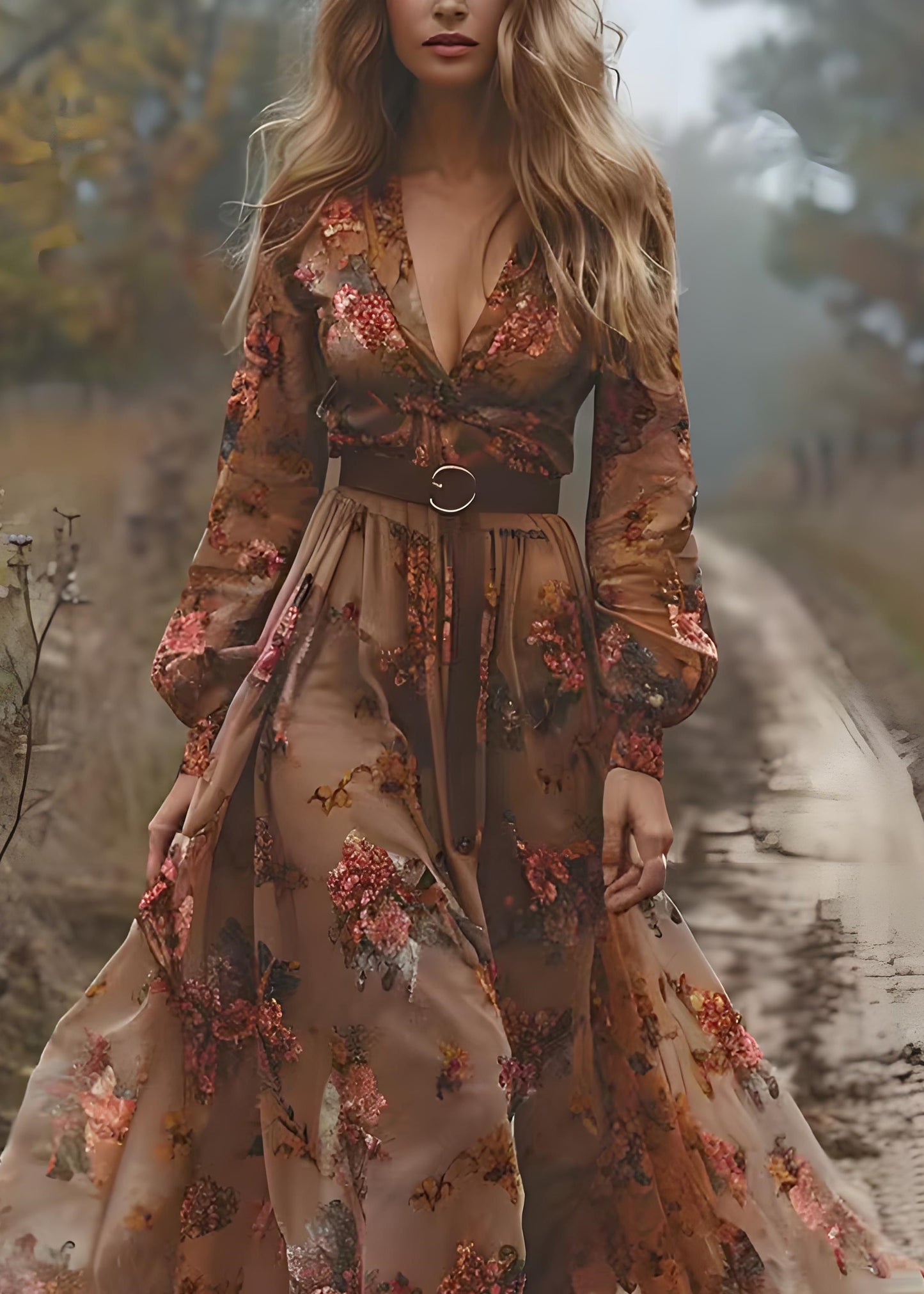 Bohemian Caramel V Neck Print Exra Large Hem Chiffon Dress Spring