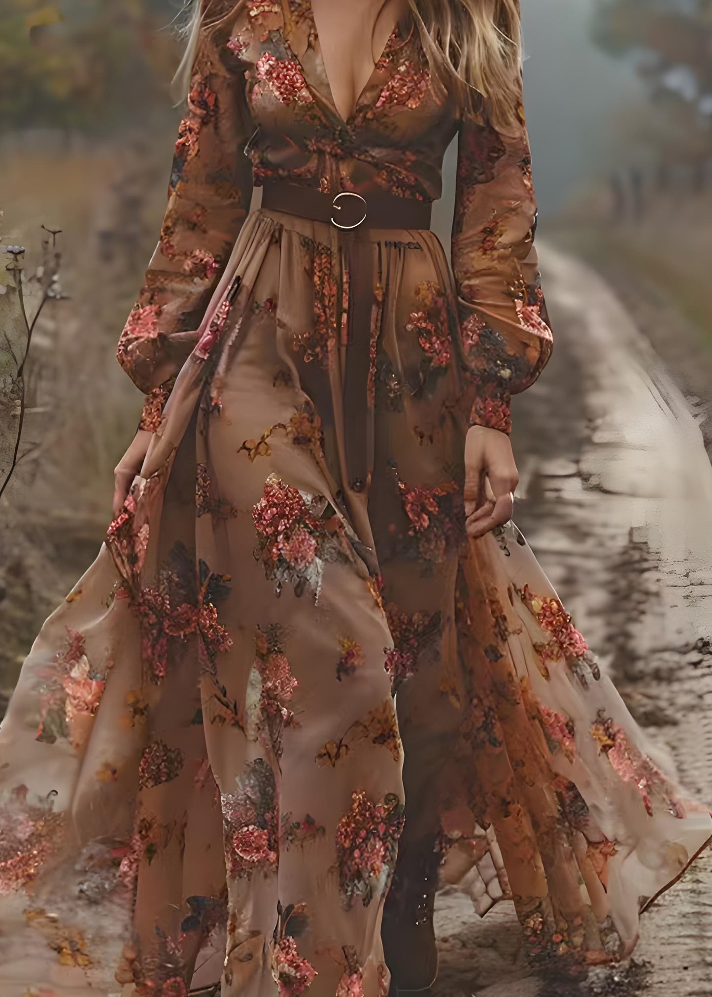 Bohemian Caramel V Neck Print Exra Large Hem Chiffon Dress Spring