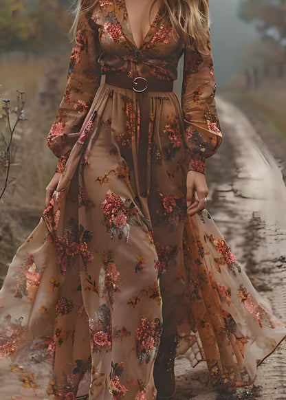 Bohemian Caramel V Neck Print Exra Large Hem Chiffon Dress Spring