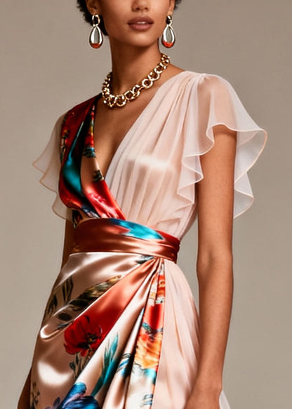 Bohemian Champagne Asymmetrical Print Silk Evening Dress Butterfly Sleeve