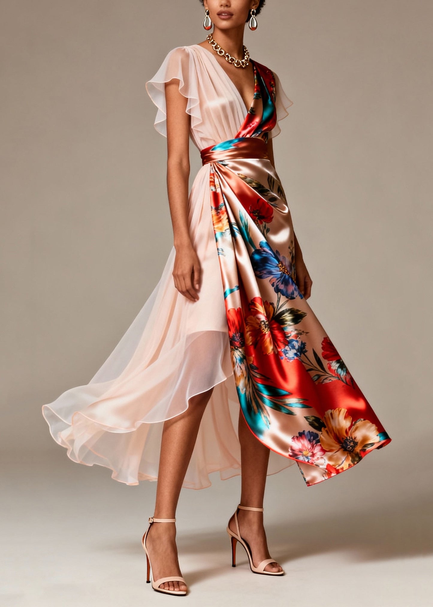 Bohemian Champagne Asymmetrical Print Silk Evening Dress Butterfly Sleeve