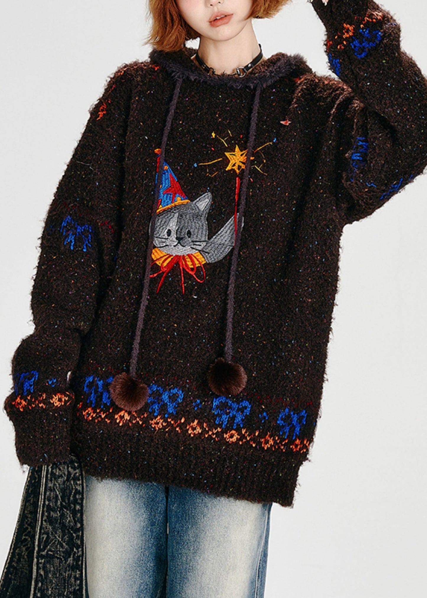 Bohemian Choaolate Hooded Cat Embroidered Knit Loose Sweatshirt Winter