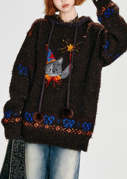Bohemian Choaolate Hooded Cat Embroidered Knit Loose Sweatshirt Winter
