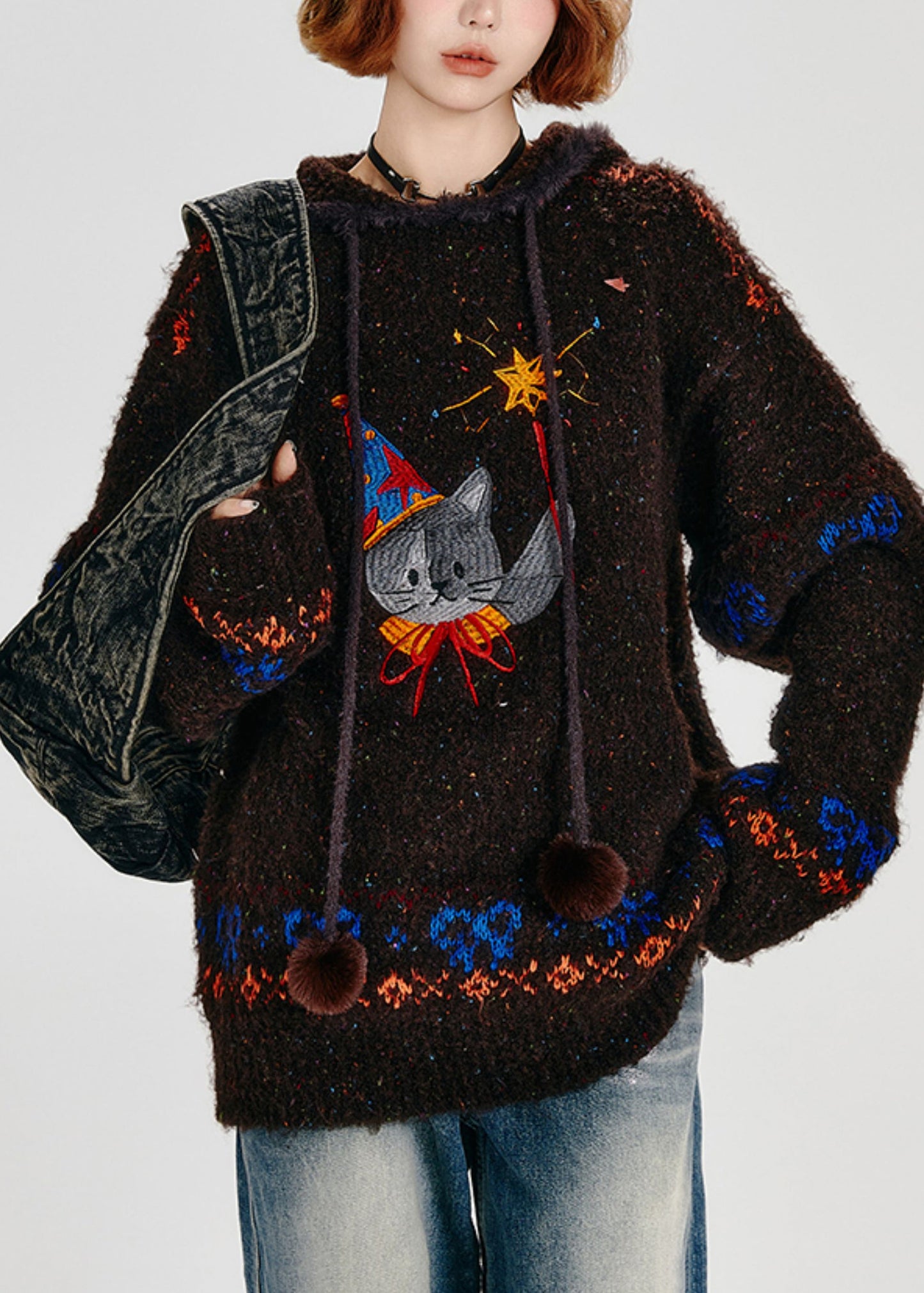 Bohemian Choaolate Hooded Cat Embroidered Knit Loose Sweatshirt Winter