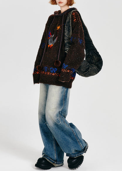 Bohemian Choaolate Hooded Cat Embroidered Knit Loose Sweatshirt Winter