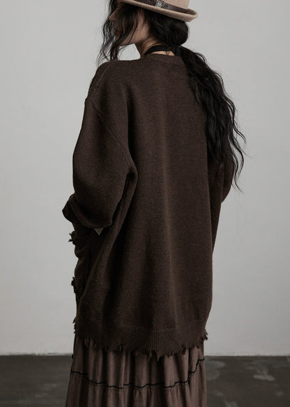 Bohemian Chocolate Oversized Patchwork Applique Knit Cardigan Winter