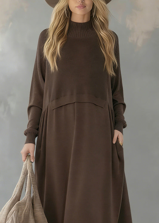 Bohemian Chocolate Turtle Neck Patchwork Solid Wool Knit Sweater Dress Long Sleeve