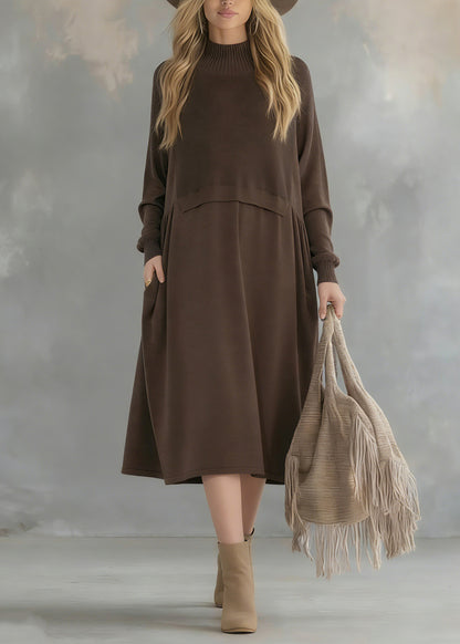Bohemian Chocolate Turtle Neck Patchwork Solid Wool Knit Sweater Dress Long Sleeve