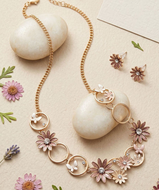 Bohemian Coffee Alloy Hollow Out Daisy Butterfly Pendant Necklace And Stud Earrings Two-Piece Set