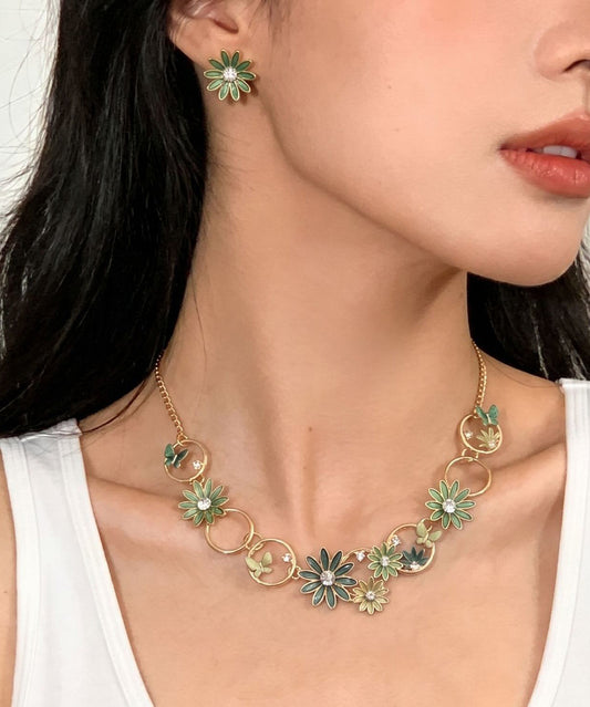Bohemian Coffee Alloy Hollow Out Daisy Butterfly Pendant Necklace And Stud Earrings Two-Piece Set