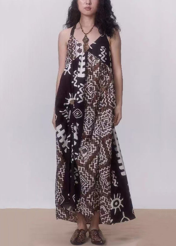 Bohemian Coffee Backless Print Patchwork Cotton Spaghetti Strap Dress Sleeveless
