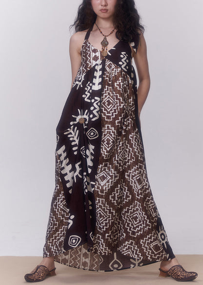 Bohemian Coffee Backless Print Patchwork Cotton Spaghetti Strap Dress Sleeveless