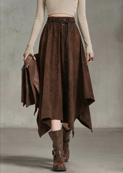 Bohemian Coffee Elastic Waist Sashe Faux Suede A Line Skirts