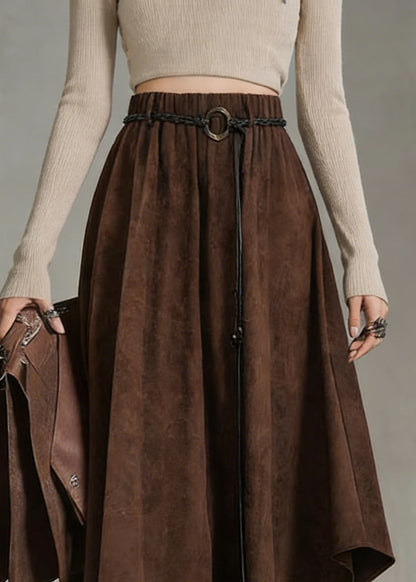 Bohemian Coffee Elastic Waist Sashe Faux Suede A Line Skirts