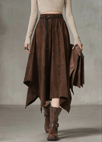 Bohemian Coffee Elastic Waist Sashe Faux Suede A Line Skirts