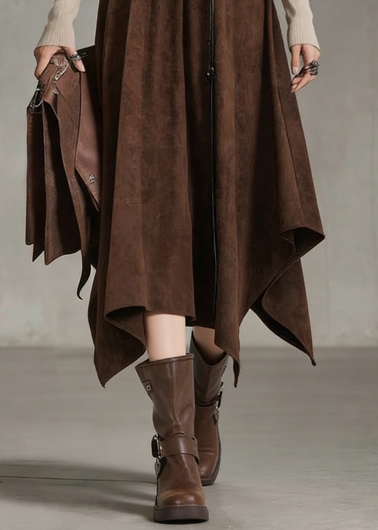 Bohemian Coffee Elastic Waist Sashe Faux Suede A Line Skirts