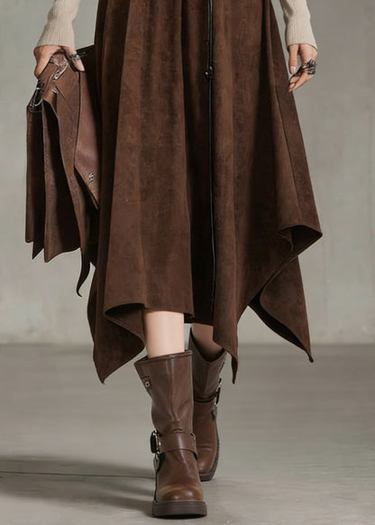 Bohemian Coffee Elastic Waist Sashe Faux Suede A Line Skirts
