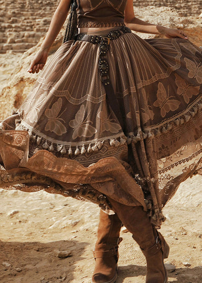 Bohemian Coffee High Waist Tulle A LineSkirt Summer