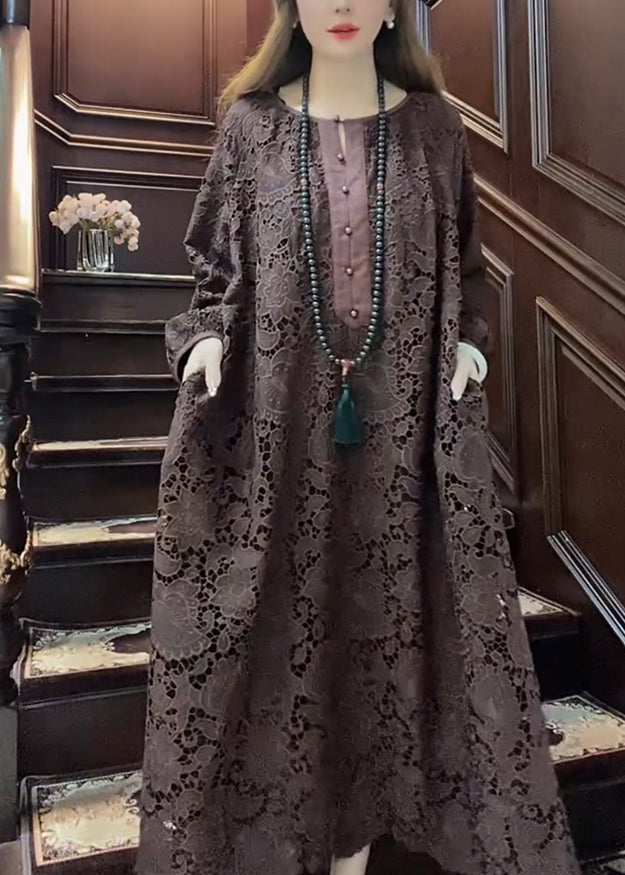 Bohemian Coffee O-Neck Hollow Out Lace Maxi Dress Long Sleeve