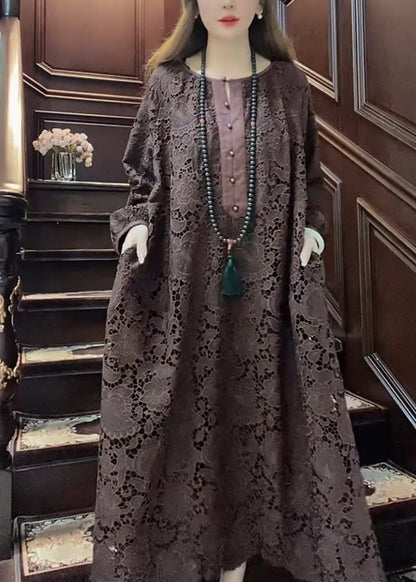 Bohemian Coffee O-Neck Hollow Out Lace Maxi Dress Long Sleeve