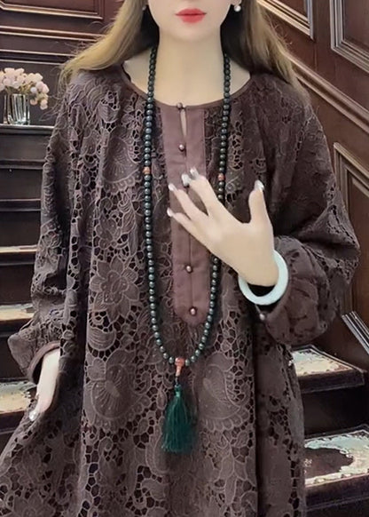 Bohemian Coffee O-Neck Hollow Out Lace Maxi Dress Long Sleeve
