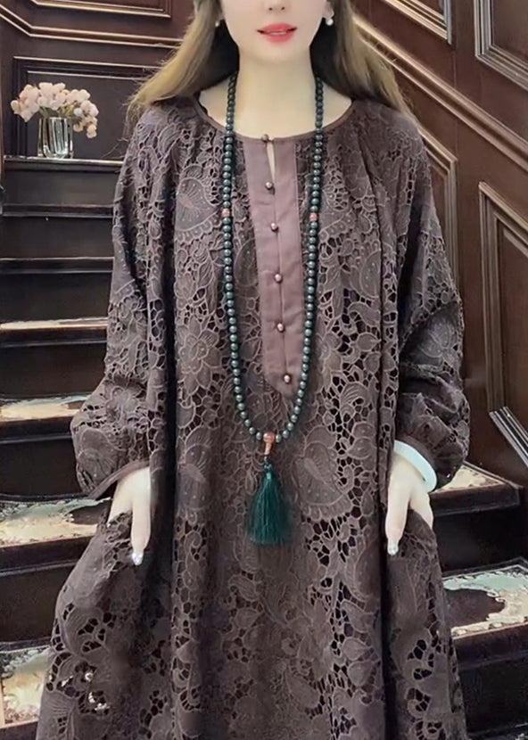 Bohemian Coffee O-Neck Hollow Out Lace Maxi Dress Long Sleeve