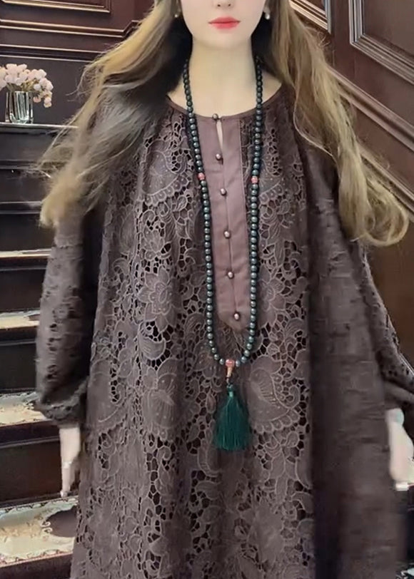 Bohemian Coffee O-Neck Hollow Out Lace Maxi Dress Long Sleeve