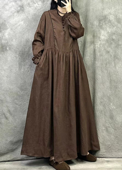 Bohemian Coffee Oversized Ruffled Cotton Maxi Dress Fall
