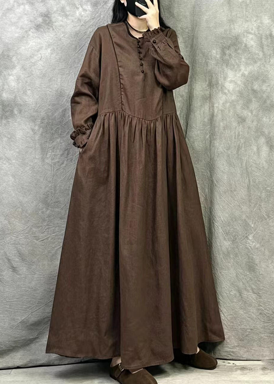 Bohemian Coffee Oversized Ruffled Cotton Maxi Dress Fall