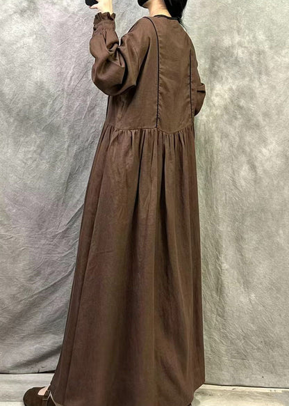 Bohemian Coffee Oversized Ruffled Cotton Maxi Dress Fall