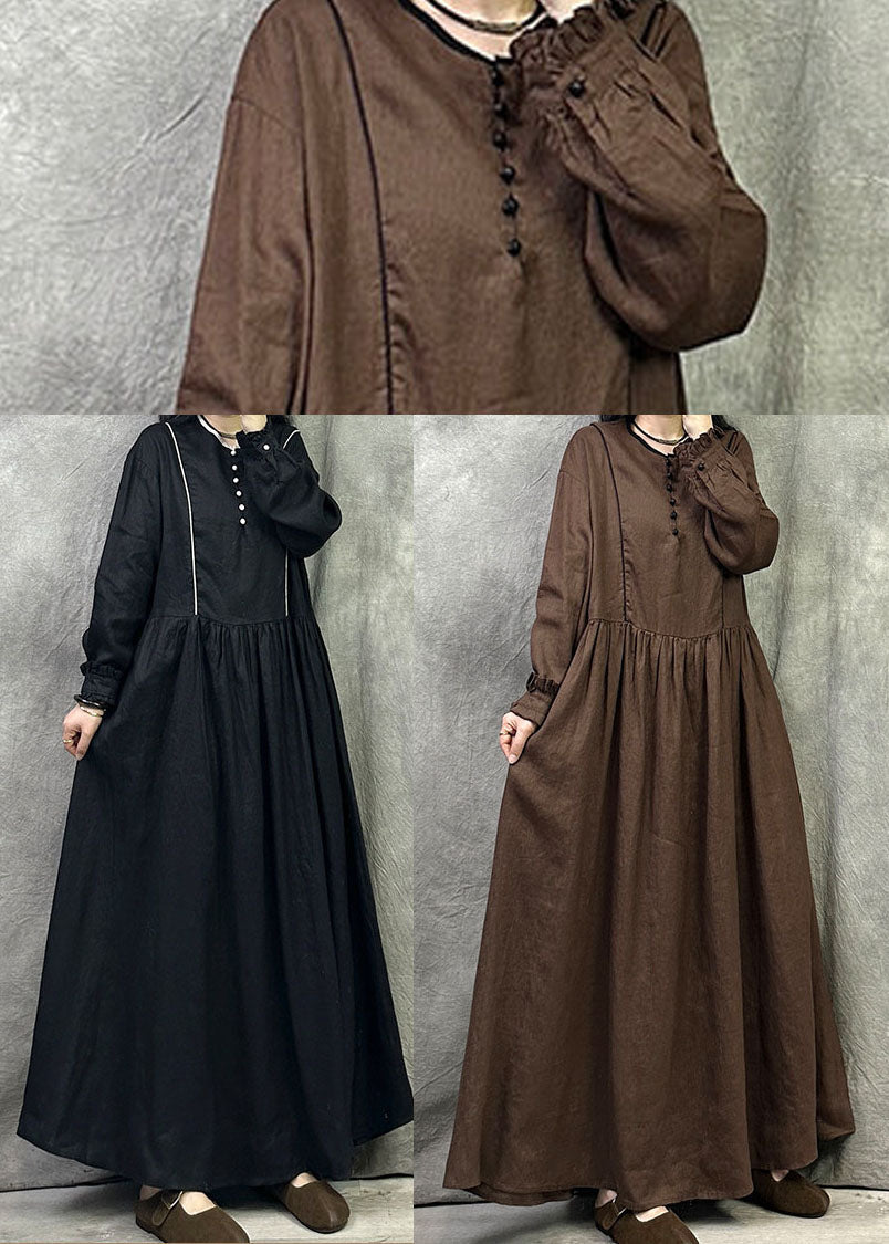 Bohemian Coffee Oversized Ruffled Cotton Maxi Dress Fall