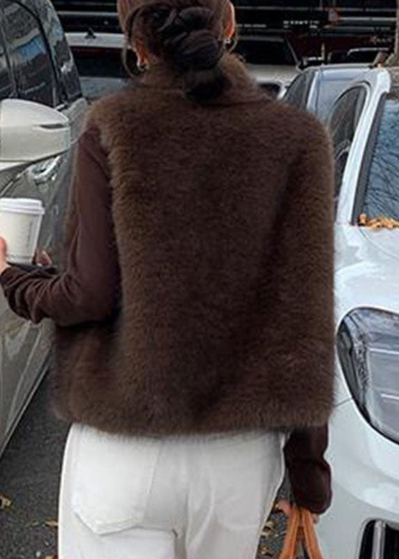 Bohemian Coffee Patchwork Leather And Fur Waistcoat Sleeveless