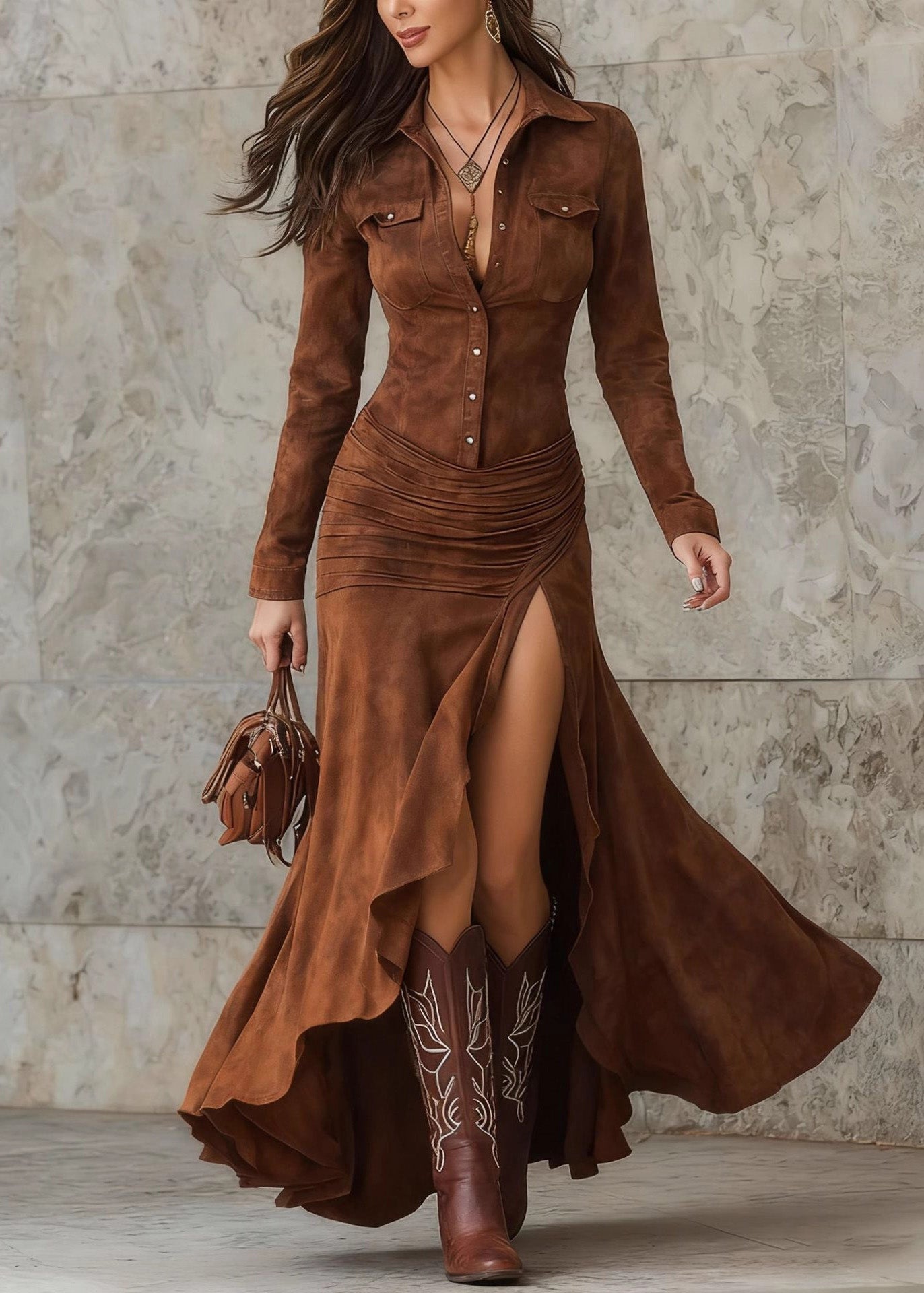 Bohemian Coffee Peter Pan Collar Ruffled Asymmetrical Faux Suede Dresses Spring