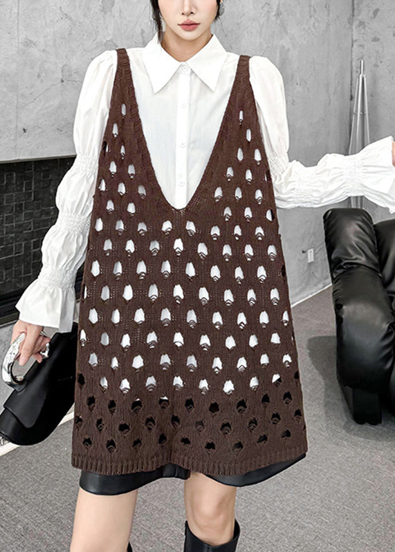 Bohemian Coffee V Neck Hollow Out Cotton Knit Waistcoat Sleeveless